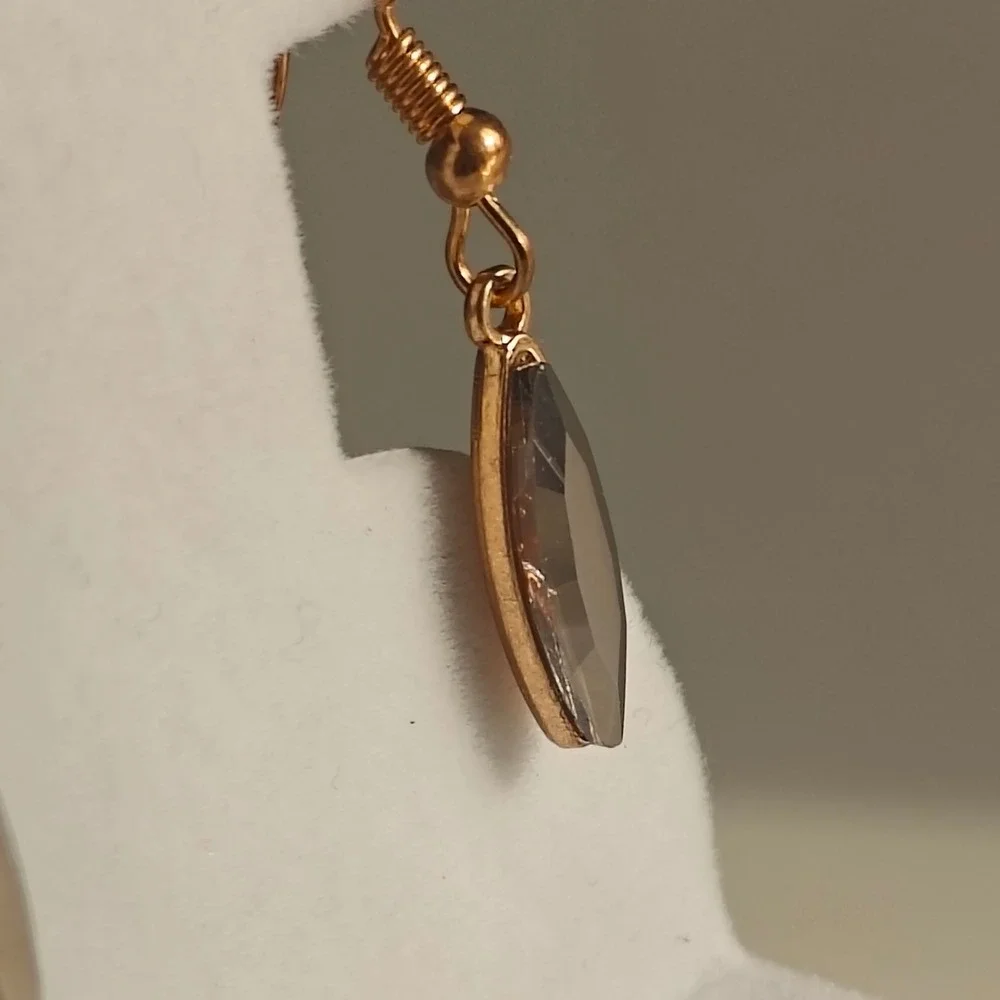 Gold Tone Smoky Gray Crystal Marquise Drop Earrings Fishhook Dangle Faceted